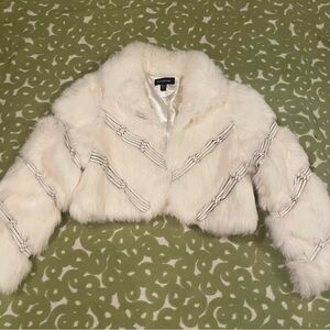 Bebe genuine real fur leather cropped jacket 3/4 sleeve winter white XS rabbit